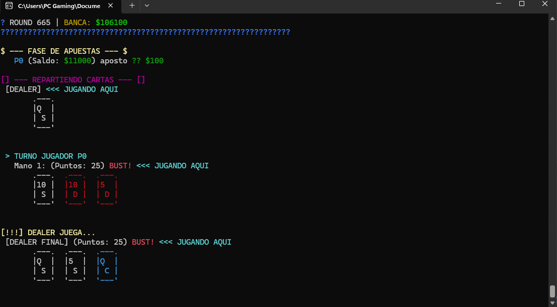 C++ console output showing blackjack hands and probabilities